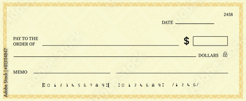 Blank bank check, checkbook cheque template or money payment paper voucher, vector mockup. Business or personal account cash pay cheque certificate or paycheck coupon from checkbook