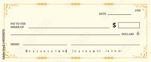 Blank bank check, checkbook cheque template or money payment paper voucher, vector mockup. Business or personal account cash pay cheque certificate or paycheck coupon from checkbook