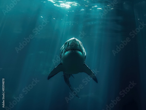 White shark with closed mouth is turning underwater  blue water