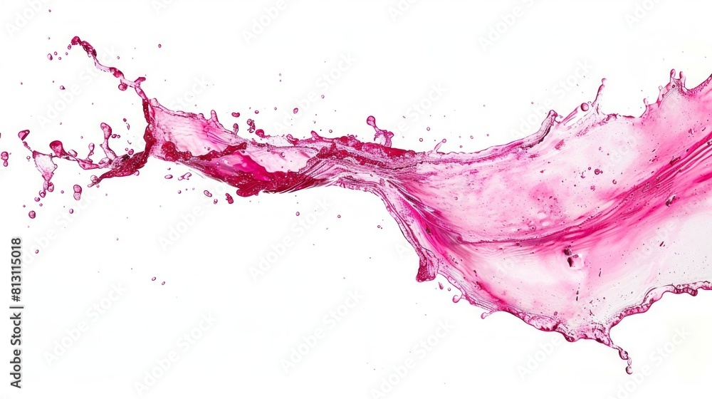 A vibrant pink liquid explodes into the air, creating beautiful splashes and droplets against a pure white background.