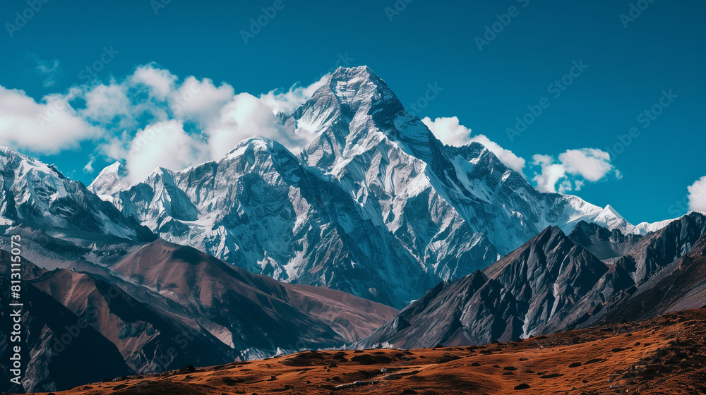 Obraz premium Majestic Snow-Capped Mountain Peaks Under Clear Blue Sky