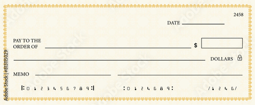 Blank bank check, checkbook cheque template or money payment paper voucher, vector mockup. Business or personal account cash pay cheque certificate or paycheck coupon from checkbook