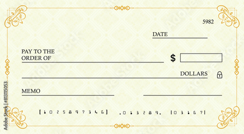 Blank bank check, checkbook cheque template or money payment paper voucher, vector mockup. Business or personal account cash pay cheque certificate or paycheck coupon from checkbook