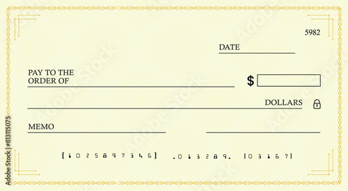 Blank bank check, checkbook cheque template or money payment paper voucher, vector mockup. Business or personal account cash pay cheque certificate or paycheck coupon from checkbook