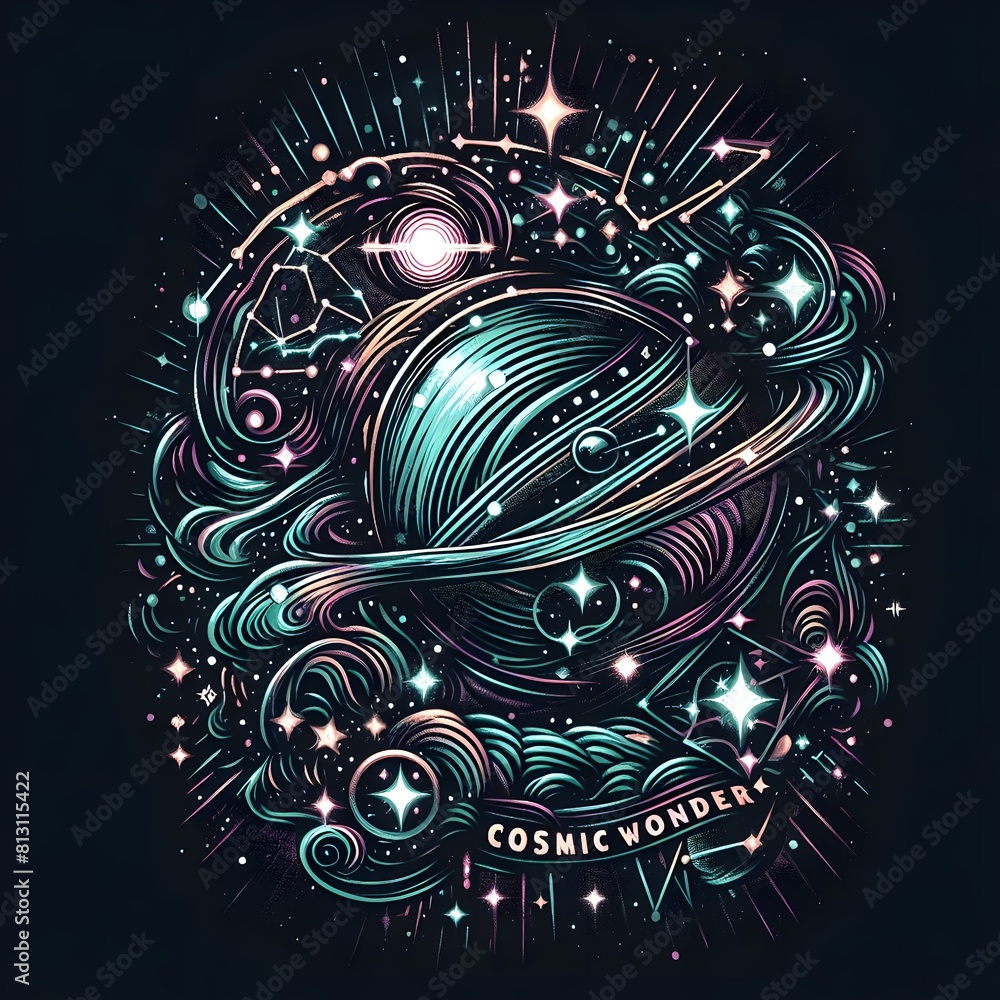 Fototapeta premium Cosmic Wonder: T-shirt design with an abstract, cosmic design and glow-in-the-dark elements representing constellations or galaxies.
