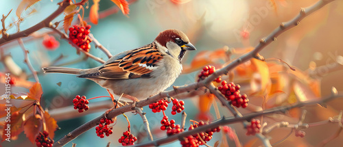 Beautiful, colourful bird sitting on a branch, autumn season.