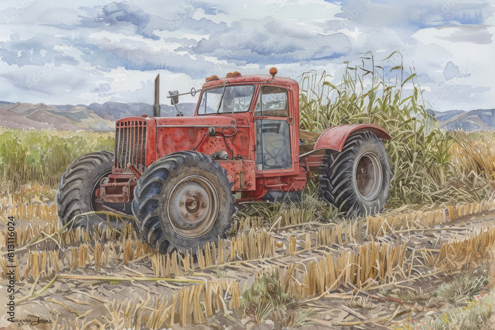A painting of a red tractor parked in a lush green field under a clear blue sky on a sunny day A painting of a red tractor parked in a lush green field under a clear blue sky on a sunny day