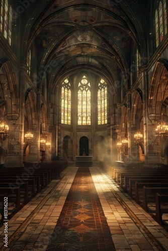The interior of a Gothic cathedral with a long aisle and stained glass windows.
