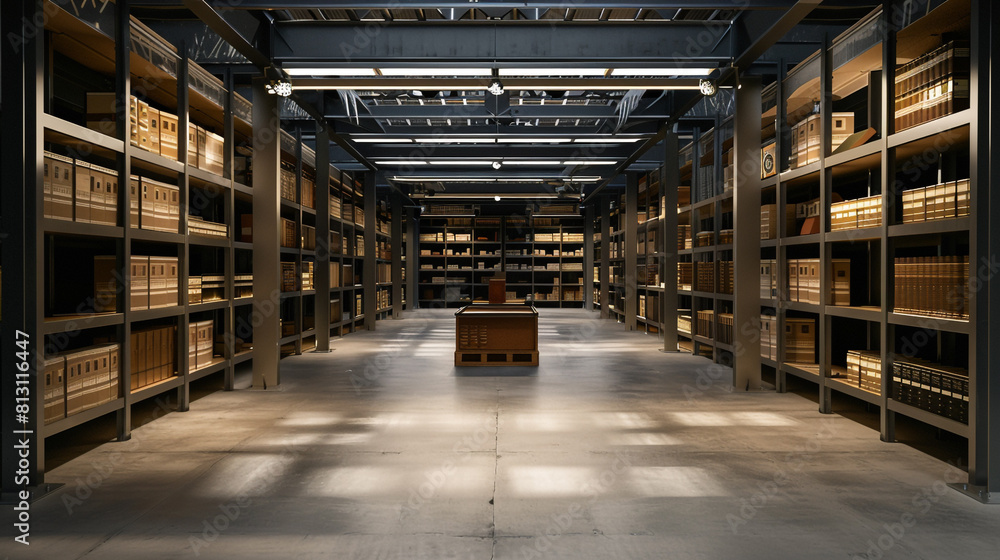 Fototapeta premium Empty historical document preservation shed with climate control and archival materials, all secure but silent.