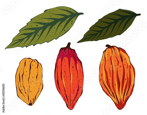Set of cocoa beans and leaves. Hand drawn illustration in flat style isolated on white background. Organic product. Sketch for cafe, packaging, menu. Plant parts for label, logo, tag design.