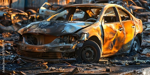 Burnt car wreckage with iron parts scattered after fire damage and debris. Concept Urban Decay, Fire Damage, Industrial Ruins, Scrap Metal, Disaster aftermath