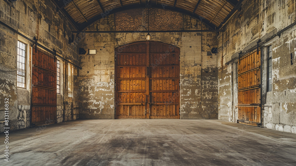 Empty historical military storage shed with thick stone walls and large wooden doors, solemn and deserted. Empty historical military storage shed with thick stone walls and large wooden doors, solemn and deserted.