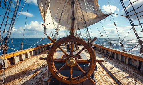 Standing behind the wheel of a pirate sailing ship, you can experience the feeling of being a captain, with a panorama of the deck gliding over the waves and the open sea