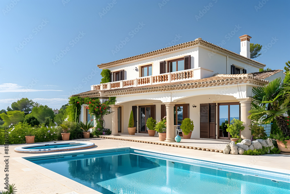 Fototapeta premium A beautiful white villa under a clear blue sky at summer time