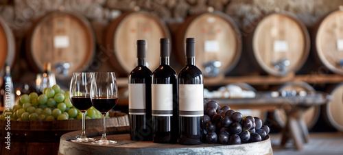 Three bottles of red wine on the table surrounded by grapes and glasses in front of wooden barrels at an elegant winery