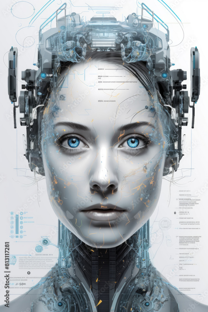 A woman with a robot head and striking blue eyes gazes directly at the viewer in this unusual portrait A woman with a robot head and striking blue eyes gazes directly at the viewer in this unusual portrait