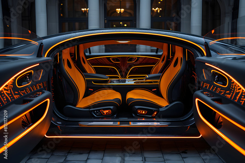 Luxurious car interior illuminated with orange ambient lighting. Modern automotive design with sleek, futuristic dashboard and seats. Advanced technology and luxury car interior concept