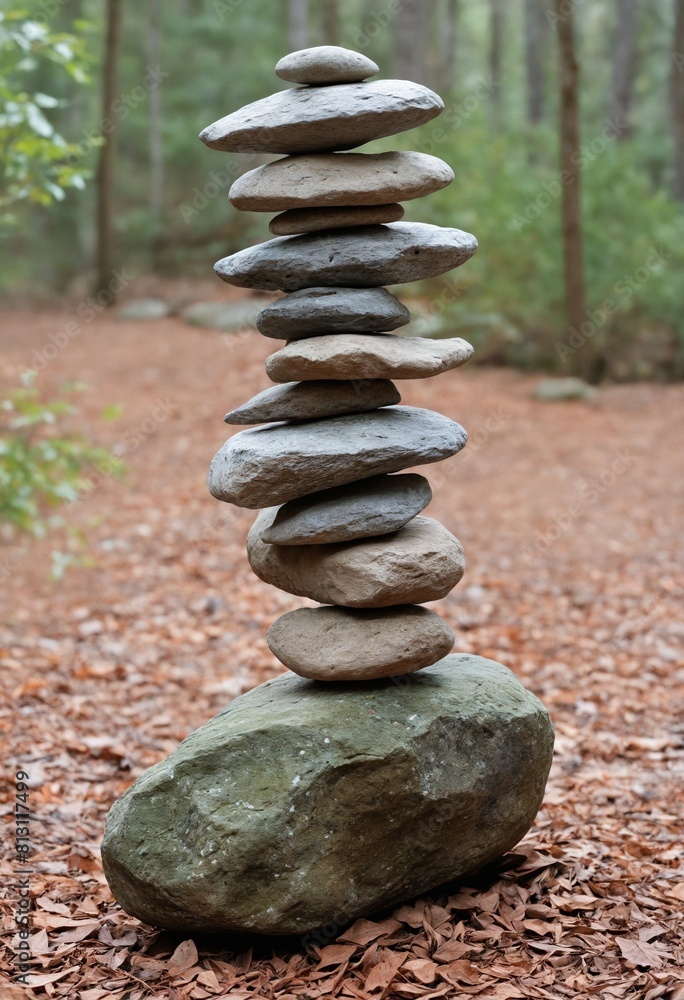 Stack of rocks among woodland foliage, balanced on top of each other Stack of rocks among woodland foliage, balanced on top of each other