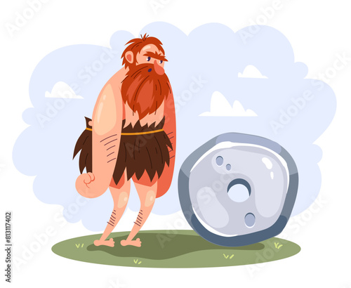 Caveman invent stone wheel isolated concept. Vector flat graphic design cartoon illustration