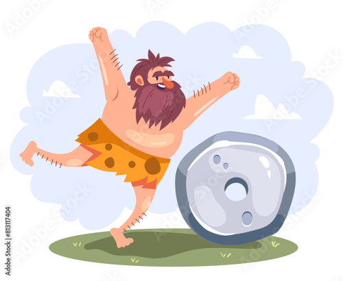 Caveman invent stone wheel isolated concept. Vector flat graphic design cartoon illustration