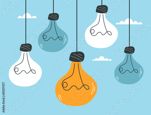 Light bulb lightbulb hang on rope idea abstract concept. Vector flat graphic design illustration