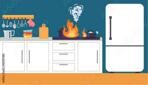 Kitchen interior in fire flame concept. Vector flat graphic design illustration