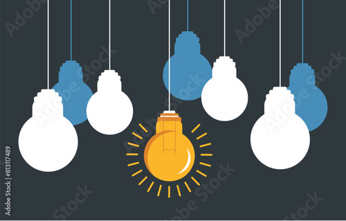 Light bulb lightbulb hang on rope idea abstract concept. Vector flat graphic design illustration
