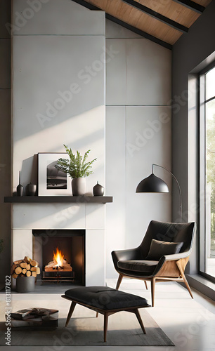 Wallpaper Mural An accent chair against a white wall with a fireplace. Loft interior design of a modern living room. background for smartphone and advertising Torontodigital.ca