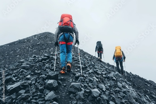 Climbers ascending steep rocky slope, adventurers conquering rugged and formidable mountain terrain photo