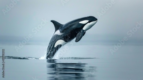 An Orca whale jumping off the sea surface