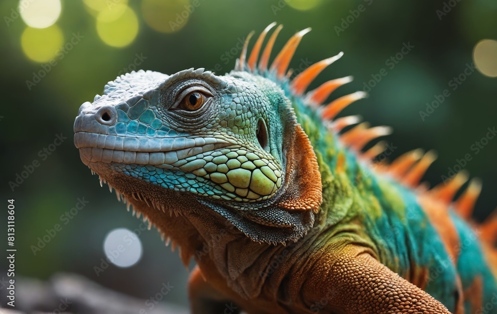 a close up of an iguana s face with a green and orange head a close up of an iguana s face with a green and orange head