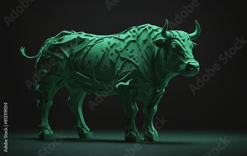 Low poly sculpture of a bull with horns and snout on a black background