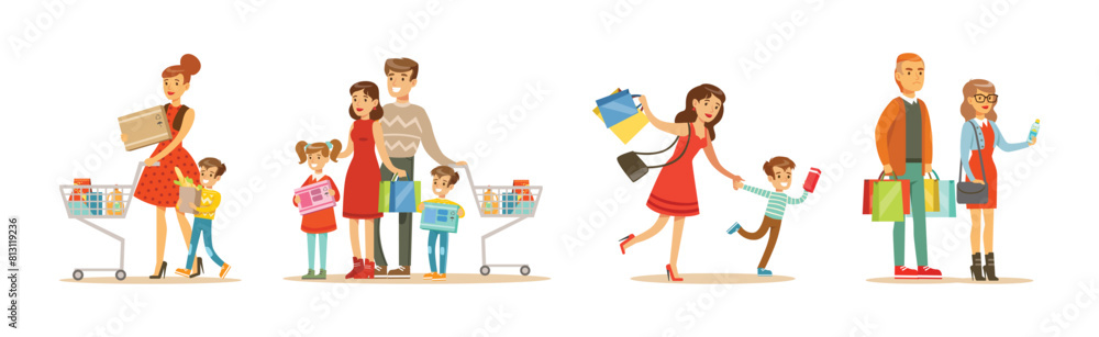 People Character Doing Shopping with Bag and Cart Vector Set People Character Doing Shopping with Bag and Cart Vector Set