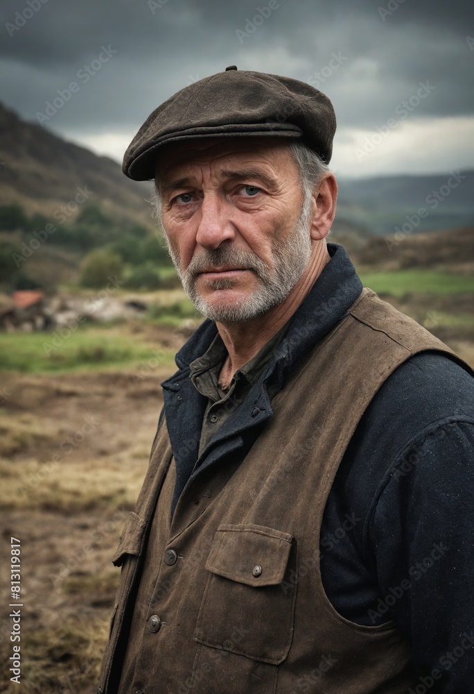 A man in overalls and a flat cap stands in the grassy steppe under a cloudy sky A man in overalls and a flat cap stands in the grassy steppe under a cloudy sky
