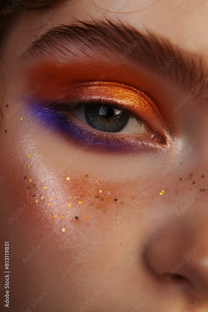 Fototapeta premium Vibrant Eye Makeup with Orange and Purple Hues Featuring Golden Glitter