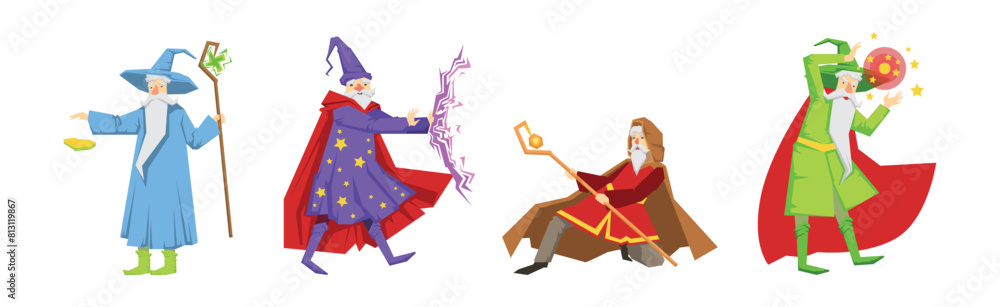 Different Wizard Male Character in Robe Do Spell Vector Set Different Wizard Male Character in Robe Do Spell Vector Set
