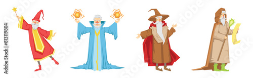 Different Wizard Male Character in Robe Do Spell Vector Set