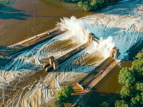 Turbulent Water Erupting from Dam Spillways