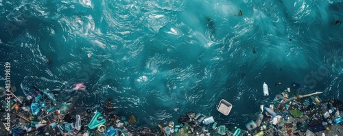 Top view of the more plastic waste floating in the sea, water pollution photo