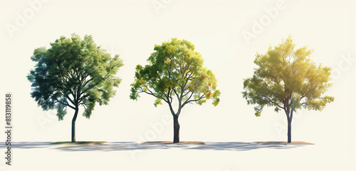 Three realistic trees in different stages of growth  rendered with dynamic lighting and shadows on white background. Each tree is distinct  showcasing its unique shape  texture  and coloration. The pe