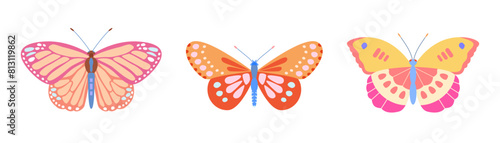 Set of pink, yellow butterflies, moths in abstract simple style of various shapes, patterns on white background. Vector cute illustration for fabric design, notepads, print for children's clothing.