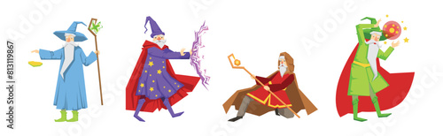 Different Wizard Male Character in Robe Do Spell Vector Set