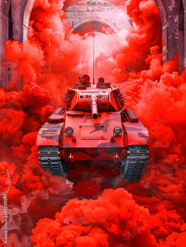 Red Tank Emerging from Smoke in a Dramatic Setting