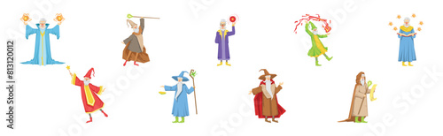 Different Wizard Male Character in Robe Do Spell Vector Set