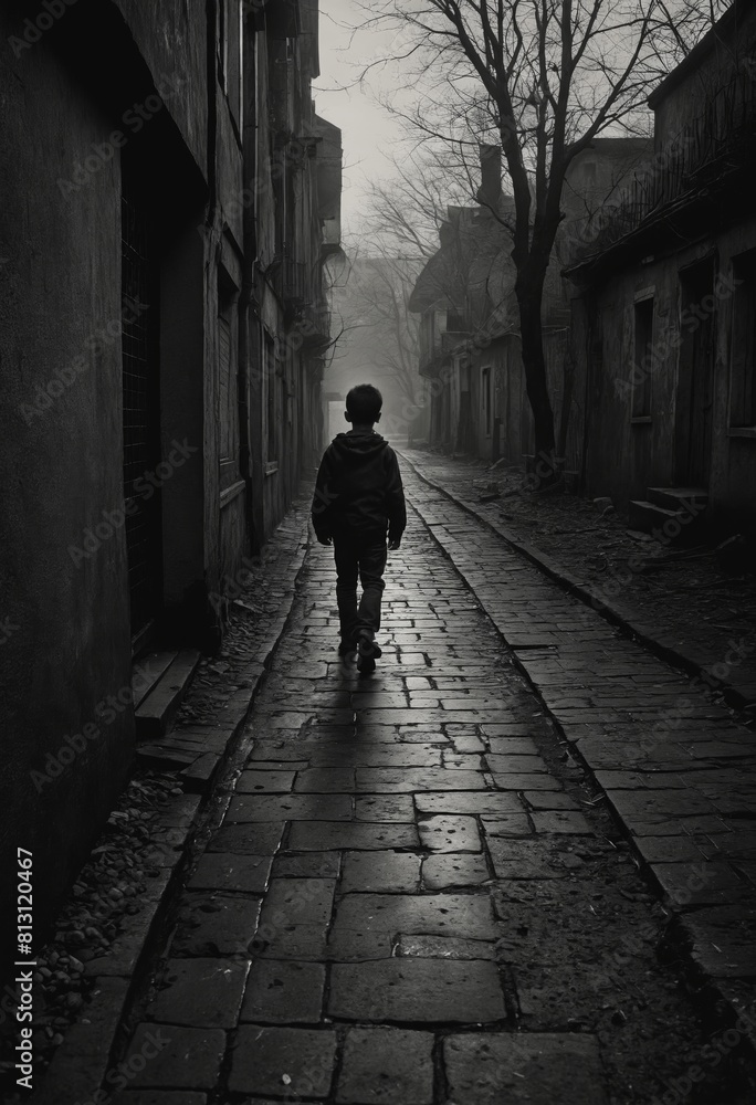 Monochrome image of a boy strolling on a cobbled alley