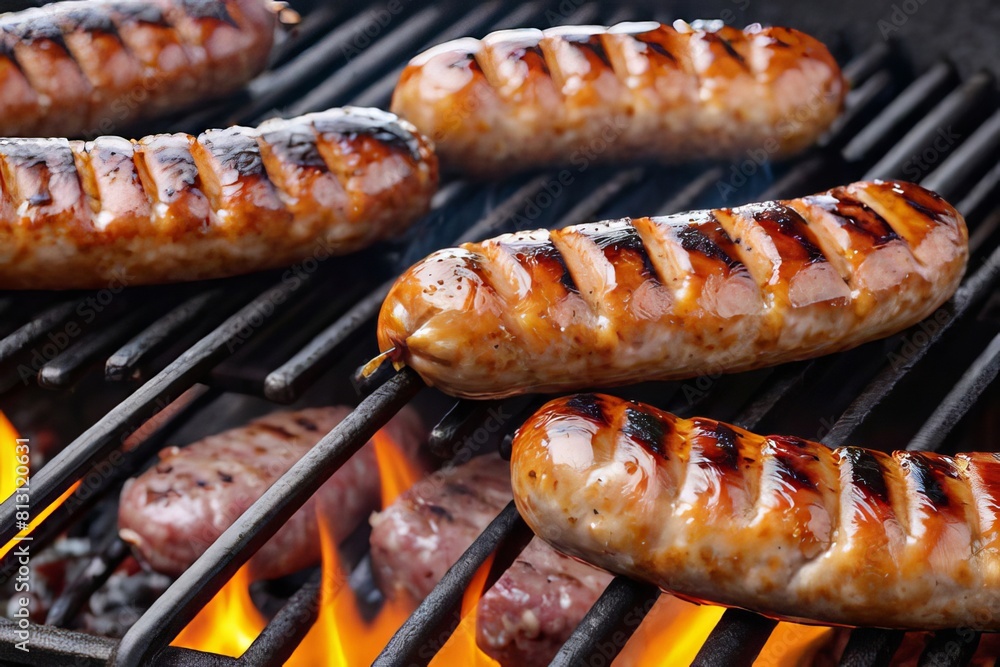 Close-up of delicious grilled sausages on a barbecue grill with flames in the background, showcasing the juicy and appetizing look of the food. Shallow depth of field for added visual impact. Close-up of delicious grilled sausages on a barbecue grill with flames in the background, showcasing the juicy and appetizing look of the food. Shallow depth of field for added visual impact.