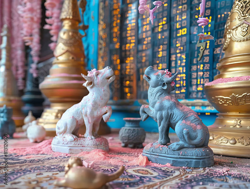 Colorful Mythical Beasts in a Traditional Asian Temple Setting