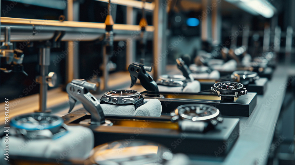 Empty luxury watch assembly workshop shed with tools and components for high-end watches, all precise but inactive. Empty luxury watch assembly workshop shed with tools and components for high-end watches, all precise but inactive.
