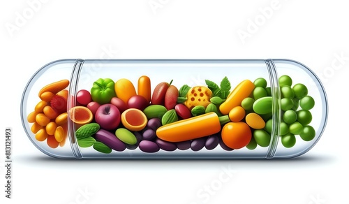 Fruits  vegetables nuts and beans inside a nutrient pill. Medicine   health concept. Nutritional supplements and multi vitamin supplements in a capsule. Natural medication concept.