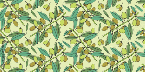 Pattern with olive branche. Hand drawn line art. Ilustration. Green, olive colors. Leaves. Vector elements for packaging design, patterns, banners, food menu.
